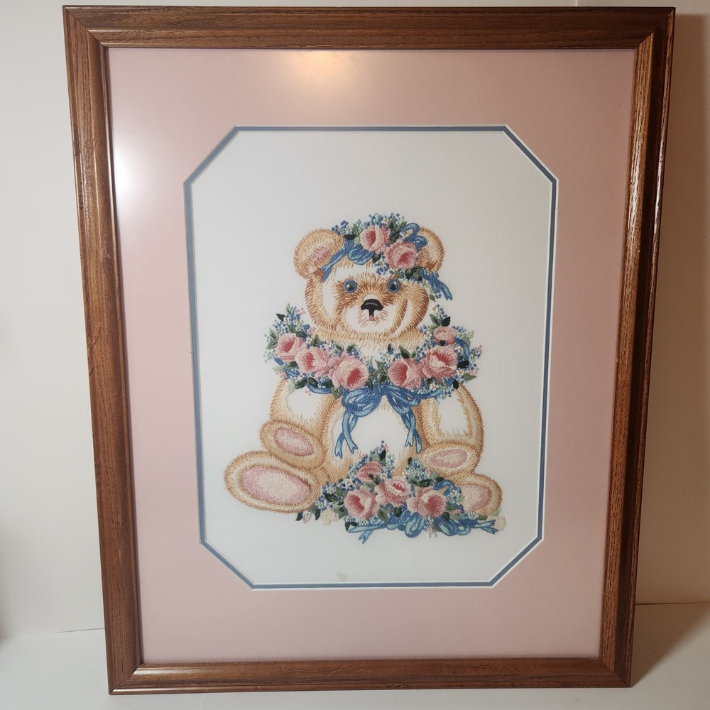Vintage Framed Teddy Bear Embroidery Floral Wreath Pink‎ Blue Nursery Wall Art